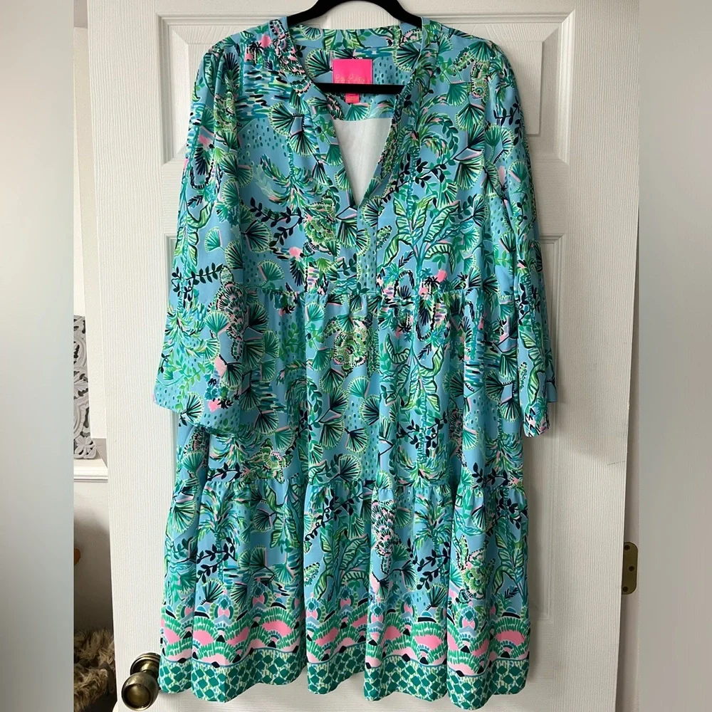Lilly Pulitzer Turquoise Floral Tiered Dress with Pink Accents - Picture 1 of 2